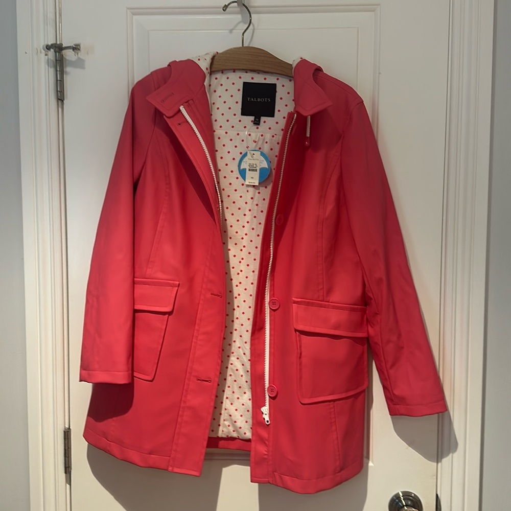 Brand new Talbots pink raincoat with polka dot lining, XS